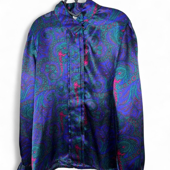 Vintage Tops - Purple and blue shiny paisley vintage blouse